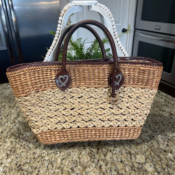 Boho Vintage  Brighton Tan and Brown Woven Tote Bag with Leather Handles. - Picture 1 of 13